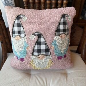 Beaded Accent Pillow 3 Gnomes  10.75" Square Small Pillow Beaded Pillows Pink